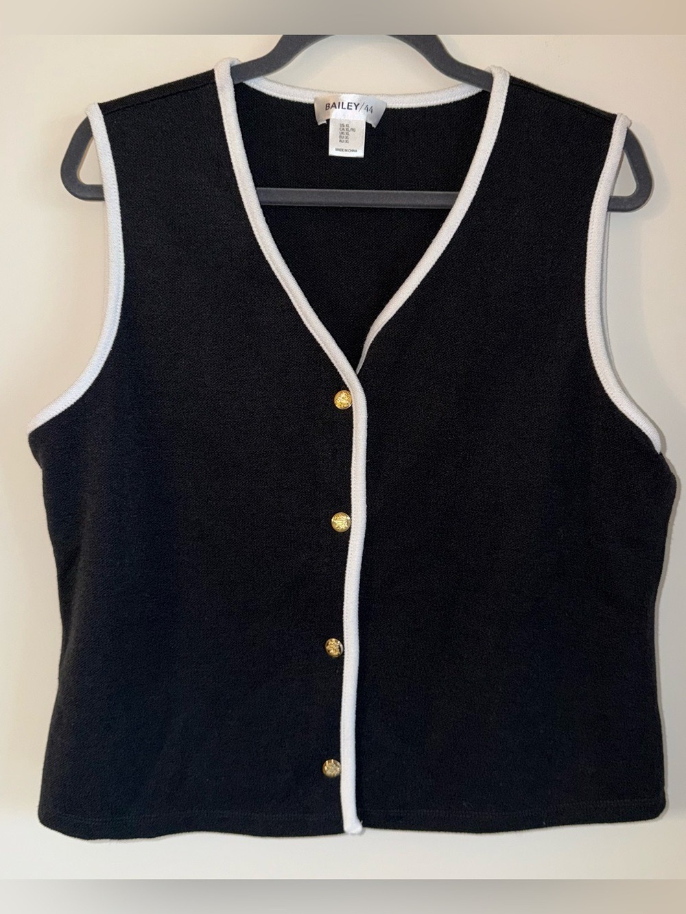 Bailey 44 Black Knit Button-Front Vest White Trim Gold Buttons - Size XL